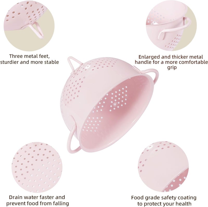 BeFare Metal Colander 5 Quart Powder Coated Self-draining Metal Strainer with Base,Kitchen Pasta Fruit Vegetable Basket with Double Handles (Pink) - Image 5